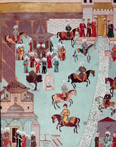 Näkymä Pyhän Irenen (Saint Irene) kirkolle, Serail-portille ja Konstantinopolin sulttaanien palatsille Miniatyyri 1600-luvulta. Topkapi Sarayi Istanbul tekijältä Ottoman School