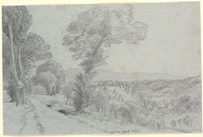 Italian vuoristomaisema näköalalla kohti "Genazzano 9 Juli 1869.". tekijältä P.C. Skovgaard