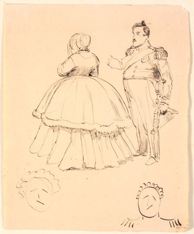 Karikatyyri Frederik VII:stä ja kreivitär Dannerista; alla Christian VIII. tekijältä P.C. Skovgaard
