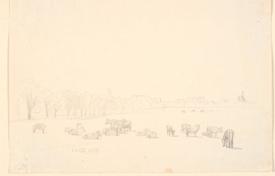 Lehmät yhteisellä, taustalla Tagens Mølle tekijältä P.C. Skovgaard