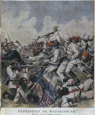 Madagaskarin retkikunta, hova-leirin otto, kuvitus Le Petit Journalista, Supplement illustre, 2. kesäkuuta 1895, kaiverrus Henri Meyer (1844-91) tekijältä P.H.G.V. Michel