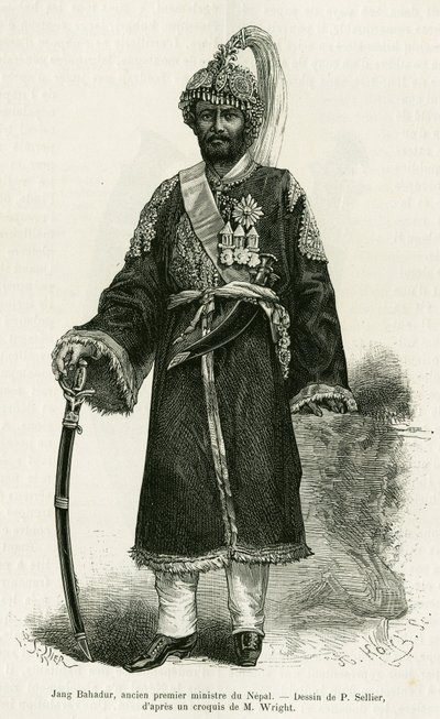 Jang Bahadur (1816-1877), Nepalin pääministeri. P.Sellierin kaiverrus havainnollistamaan tarinaa Voyage au Nepal, tohtori Gustave Le Bon (1841-1931), in le tour du monde 1886, ohjannut Edouard Charton (1807-1890), Hachette, Pariisi. tekijältä P. (after) Sellier