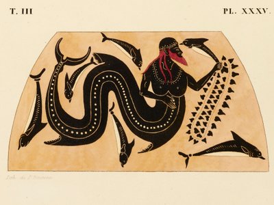 Painos koristeesta kreikkalaiselle amforalle, jossa Poseidon ja delfiinit, n. 1858 (akvarelli ja vartaloväri liton päällä kudottupaperille) tekijältä P. Bineteau