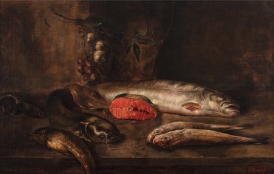 Kalan asetelma karpin, monni, lohen, punaisen mullin, ankeriaan ja merianturan kanssa pöydällä roikkuvalla valkosipulilla ja salottisipulilla, kuolleilla kaloilla, n. 1775-1800 (öljy kankaalle) tekijältä P. Romney