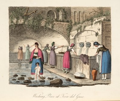 Pesupaikka Torre del Grecossa, Italian maisemista, joka edustaa Italian eri valtioiden tapoja, tapoja ja huvituksia, pubi. 1806 (käsinvärinen kaiverrus) tekijältä P. van (after) Lerberghi