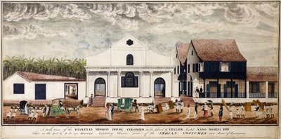 Etelänäkymä Wesleyan Mission Housesta, Colombosta Ceylonin saarella, pystytetty Anno Domini 1816, n. 1816 (akvarelli) tekijältä P. van Houten