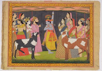 Krishna nostaa Govardhana-vuorta Bhagavata puranalta, Kulu, Himachal Pradesh, 1749 tekijältä Pahari School