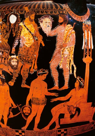 Punahahmoinen voluuttikraatteri, jossa näyttelijä pitelee naamariaan, Ruvosta, n. 410 eKr. (keraaminen) tekijältä Painter Pronomos