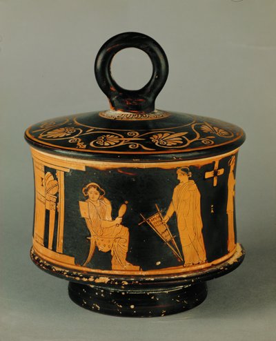 Kodinomainen kohtaus, kaksi naista naistenhuoneessa, toinen kehräämässä, toinen pitelee pientä käsikangasta ... tekijältä Painter of the Louvre Centauromach