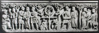 Kristillinen sarkofagi, joka kuvaa kohtauksia Kristuksen elämästä (marmori) tekijältä Paleo Christian