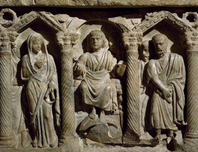 Varhaiskristillinen sarkofagi, joka tunnetaan myös nimellä Blessed Gilesin sarkofagi, marmori, San Bernardinon oratorio, Perugia, Umbria, yksityiskohta, Italia, 4. vuosisata tekijältä Paleo Christian
