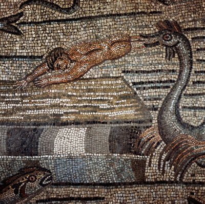 Kohtaus Jonasin elämästä edustaa kalan hylkäämistä rannalla Yksityiskohta. 5. tai 6. vuosisadan mosaiikki. Cathedrale d