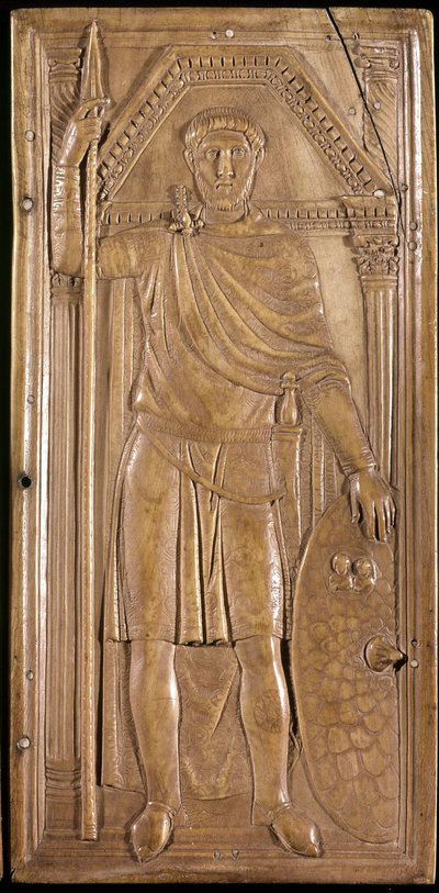 Stilicon aseissa, kenraali, patrice ja Länsi-Rooman valtakunnan konsuli. Oikea paneeli Stilichon kirjaimesta (veistos norsunluun, n. 395) tekijältä Paleo Christian