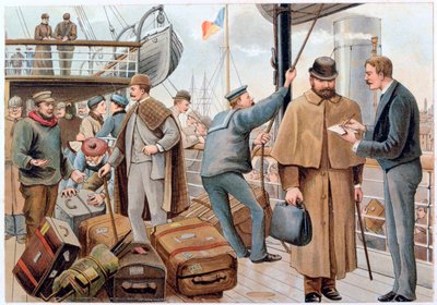 Matkustajat liittymässä P&O:n laivaan Thamesissa, n. 1890. tekijältä PandO Pencillings