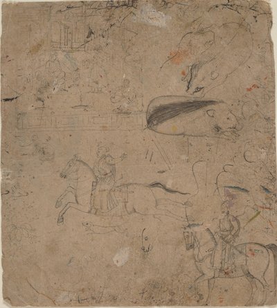Sivu luonnoskirjasta, joka näyttää hallitsijat hevosen selässä, villisiat ja palatsikohtaus, 1700-luvun loppu tekijältä Pandit Seu