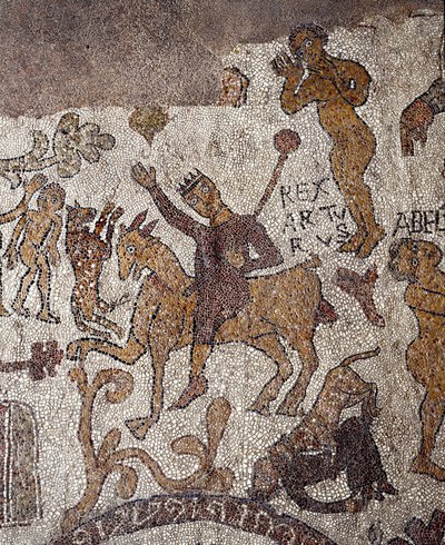 Edustus kuningas Arthurista ja Percevalista. Pantaleonen mosaiikki, pappi ja mosaiikki. 1163-1166. Otranton katedraalin keskuslaivo (Otranto), Italia tekijältä Pantaleon Pantaleon