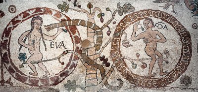Aadamin ja Eevan kiusaus Mosaiikki Pantaleone, Pappi ja Mosaist. 1163-1166. Otranton katedraalin keskuslaivo (Otranto), Italia tekijältä Pantaleon Pantaleon
