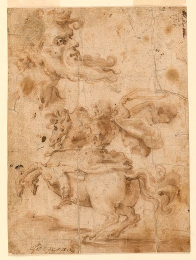 Piirros, Parrakas mies, mies hevosen selässä, n. 1650. tekijältä Paolo Emilio Besenzi