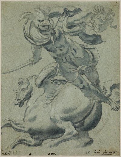 Perseus pitelee Meduusan päätä, taustalla Pegasus tekijältä Paolo Farinati