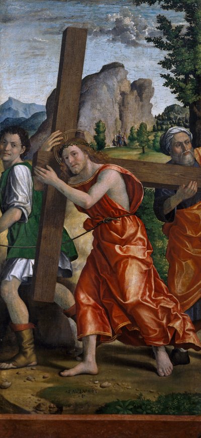 Tie Golgatalle, yksityiskohta Paolo Cavazzolan (1486-1522) teoksesta Polyptych of Passion tekijältä Paolo Morando Cavazzola