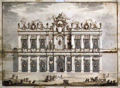 Julkisivun suunnittelu, luultavasti vuoden 1766 "Festa della Chinea" (kynä & ruskea muste ja pesu paperissa) tekijältä Paolo Posi