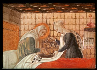 Neitsyt Marian syntymä, yksityiskohta Pyhästä Annasta ja avustajasta, fresko vuodelta 1440 ks. myös 85549. tekijältä Paolo Uccello