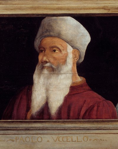 Cassone, jossa on viisi muotokuvaa Firenzen renessanssin mestarista ja Paolo di Donon (1397-1475) muotokuva nimeltä Paolo Uccello. Alla oleva kirjoitus on todennäköisesti peräkkäinen. Musee du Louvre, Pariisi - Cassone-paneeli viidellä muotokuvalla o tekijältä Paolo Uccello
