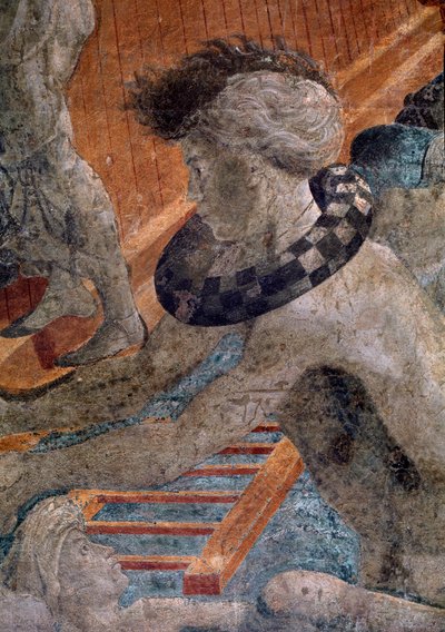Nooa ja vedenpaisumus, yksityiskohta yhden kadonneen ihmisen asusta arkin ulkopuolella - Fresco tekijältä Paolo Uccello