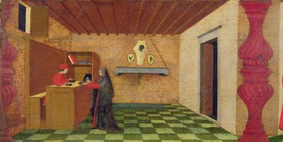 Predella sotajoukon häväistymisestä: kristitty nainen, jonka juutalainen panttilainaaja pakotti lunastamaan viittansa vihittyjen sotajoukon hinnalla, n. 1467-69 (tempera paneelissa) (yksityiskohta) tekijältä Paolo Uccello