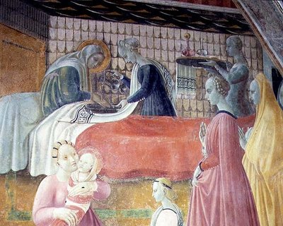 Neitsyen syntymä, yksityiskohta jaksosta Neitsyt ja Pyhän Tapanin elämä, Cappella dell"Assunta tekijältä Paolo Uccello