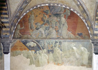 Veden tulva ja vajoaminen (yläosa) Nooan uhri ja juopuminen (alaosa) lunette (katso lisätietoja 123196) tekijältä Paolo Uccello