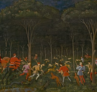 Metsästys metsässä, n.1465-70 öljy paneelille yksityiskohta 100861:stä tekijältä Paolo Uccello