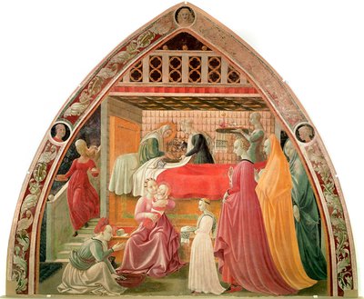 Neitsyen syntymä. Kätilöt hoitavat uutta samalla kun palvelija pesee Neitsyen käsiä. Paolo Uccellon maalaus (Paolo di Dono detto tekijältä Paolo Uccello
