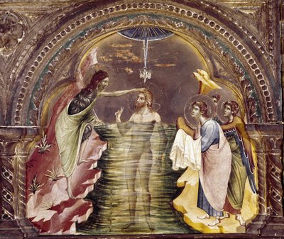 Jeesuksen kaste, yksityiskohta Santa Chiaran polyptikosta. (öljy puulle, noin 1350) tekijältä Paolo Veneziano