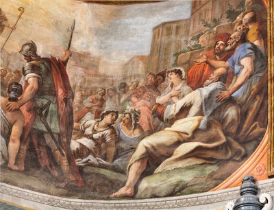 Paolo de Matteisin freskot vuodelta 1714 holvissa ja rummussa, jotka kuvaavat pyhimyksen elämää, San Cataldon kappeli katedraalissa, Taranto, Italia (kuva). tekijältä Paolo di Matteis