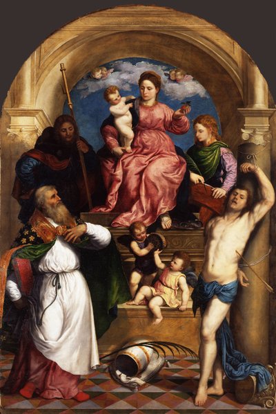 Valtaistuimelle noussut Madonna lapsen ja pyhien kanssa, noin 1530 tekijältä Paris Bordone