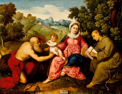 Madonna ja lapsi pyhien Hieronymuksen ja Franciscuksen kanssa, noin 1525. tekijältä Paris Bordone