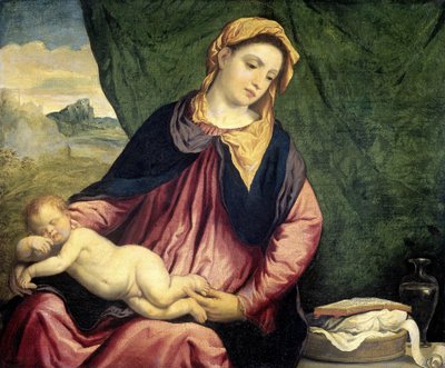 Madonna nukkuvan lapsen kanssa, 1540-1560 tekijältä Paris Bordone