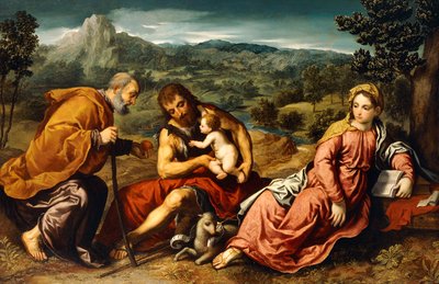 Pyhä perhe Pyhän Johannes Kastajan kanssa maisemassa, 1545-50 tekijältä Paris Bordone