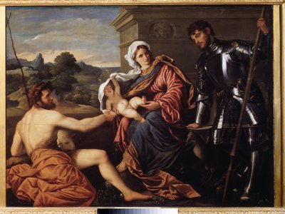 "Madonna ja lapsi, Pyhä Johannes Kastaja ja Pyhä Yrjö" (Madonna ja lapsi, Pyhä Johannes Kastaja ja Pyhä Yrjö) Paris Bordonin tai Bordonen (1500-1571) maalaus noin 1530 Pouchkine-museo, Moskova tekijältä Paris Bordone