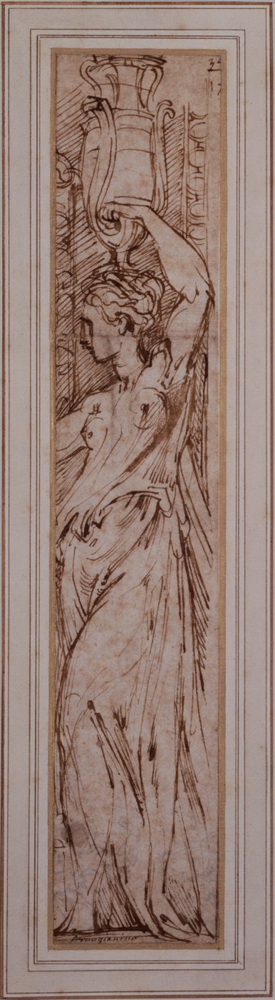 Canephoros profiilissa vasemmalla (kynä, muste ja pesu paperille) tekijältä Parmigianino