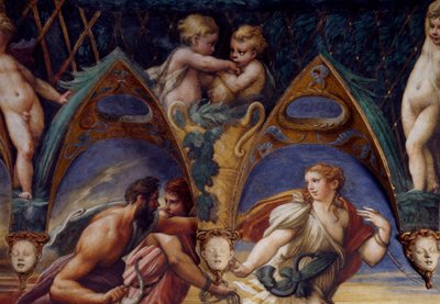 Actaeon kumppaneineen, yksityiskohta Dianan ja Actaeonin myytistä, noin 1524, Francesco Mazzola, Parmigianino (1503-1540), fresko, Dianan ja Actaeonin huone, Rocca Sanvitale, Fontanellato, lähellä Parmaa, Emilia-Romagna, Italia tekijältä Parmigianino