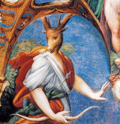 Actaeonin muuttuminen polttareiksi, Dianan ja Actaeonin myytistä, noin 1524, Francesco Mazzola, joka tunnetaan nimellä Parmigianino (1503-1540), fresko, Dianan ja Actaeonin huone, Rocca Sanvitale, Fontanellato, lähellä Parmaa, Emilia-Romagna, Italia tekijältä Parmigianino