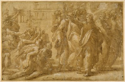 Kristus opetuslastensa kanssa parantamassa spitaalisia (kynä, muste, pesu ja vartaloväri paperille) tekijältä Parmigianino (1503 40)