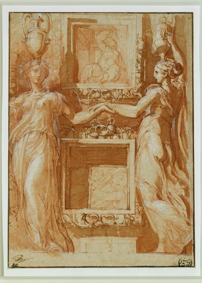 Zwei Karyatiden reichen sich die Hand über Kassetten von Parmigianino (1503-40)