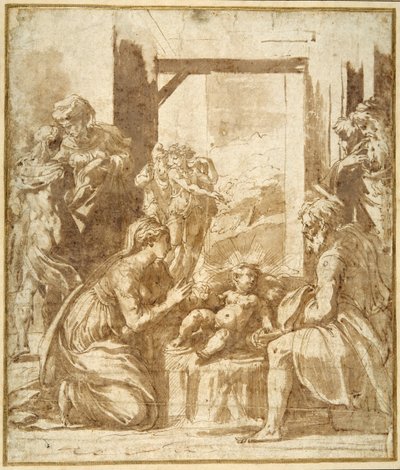 The Nativity (kynä ja ruskea muste ruskealla pesulla valkoisella paperilla) tekijältä Parmigianino