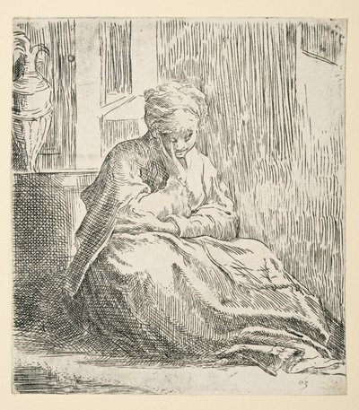 Nainen istuu maassa, joka tunnetaan nimellä Saint Thais (etsaus) tekijältä Parmigianino