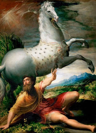 "Pyhän Paavalin kääntymys tiellä Damaskukseen" Girolamo Francesco Maria Mazzolan tai Mazzuoli dit il Parmigianinon maalaus lempinimellä Parmesan (1503-1540) noin 1528 taidehistoriallinen museo, Wien tekijältä Parmigianino