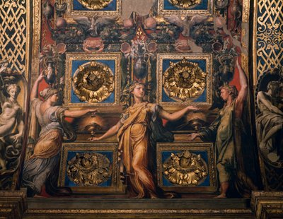 Kolme viisasta neitsyttä, yksityiskohta Kolme viisasta ja kolme typerää neitsyttä, Francesco Mazzola, joka tunnetaan nimellä Il Parmigianino, fresko, presbyteerikaaren alapuoli, Santa Maria della Steccatan pyhäkkö, Parma, Emilia-Romagna. Italia tekijältä Parmigianino