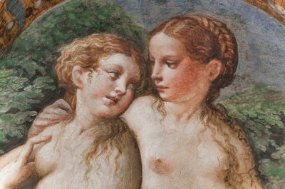 Kaksi nymfiä osallistumassa Dianan kylpyyn, Dianan ja Actaeonin huoneesta, yksityiskohta numerosta 2384753 tekijältä Parmigianino